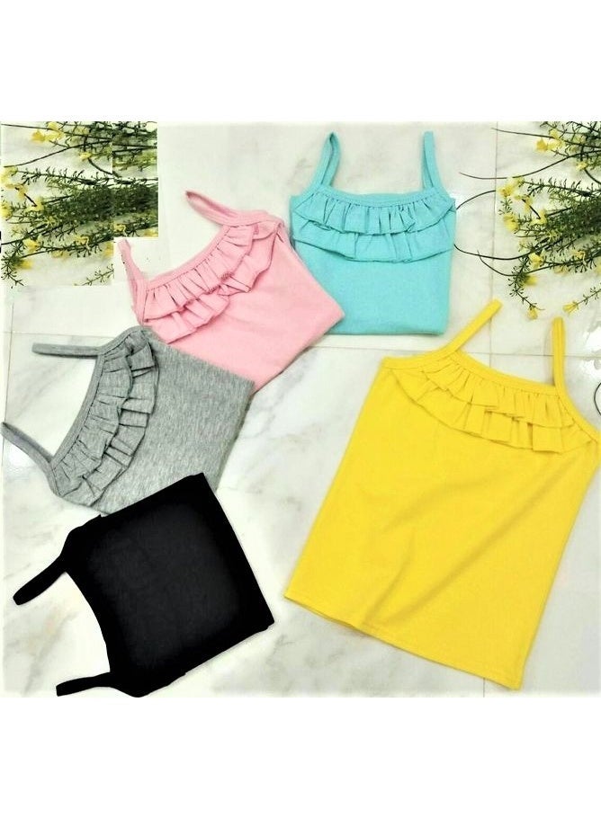 100% Cotton Girls' Top Set with Ruffles - 5 Pieces, Assorted Colors - Image 2