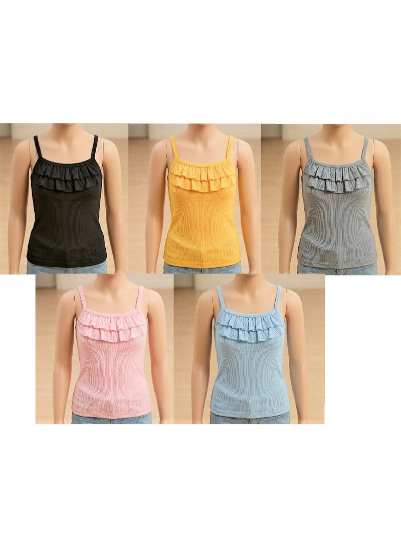 100% Cotton Girls' Top Set with Ruffles - 5 Pieces, Assorted Colors - Image 1