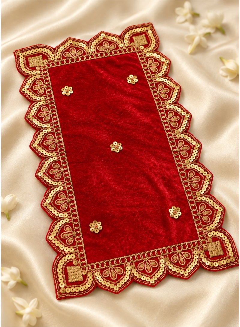 Madhoor Velvet Zardozi Decorative Pooja Aasan Red for Pooja, Deity Idol Placement & Home Temples, 7 x 12 Inches - Image 2