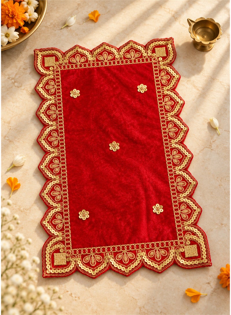 Madhoor Velvet Zardozi Decorative Pooja Aasan Red for Pooja, Deity Idol Placement & Home Temples, 7 x 12 Inches - Image 1