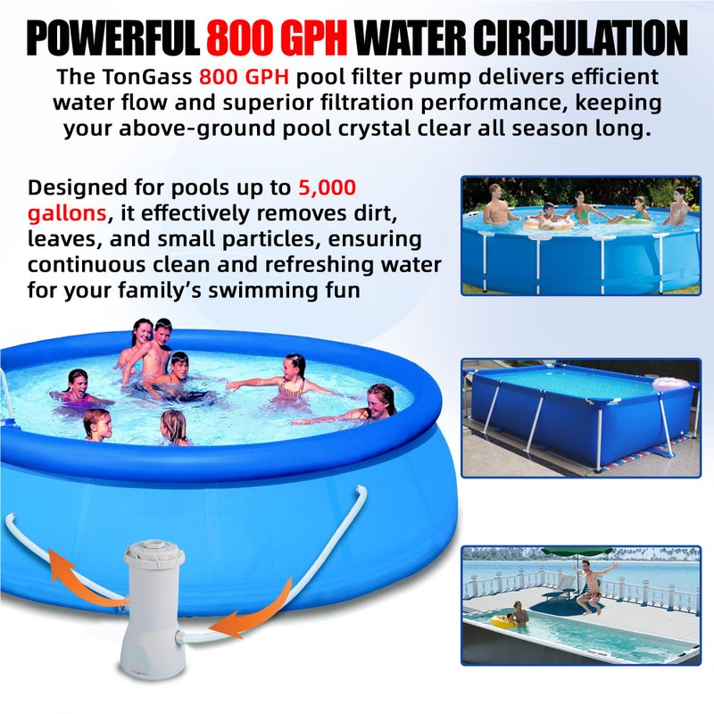 TonGass 800 GPH Pool Filter Pump for Above Ground Pools, Powerful Circulation System with Filter Cartridge, GFCI Safety Protection, Easy to Install Pool Pump for Pools up to 5000 Gallons - Image 3