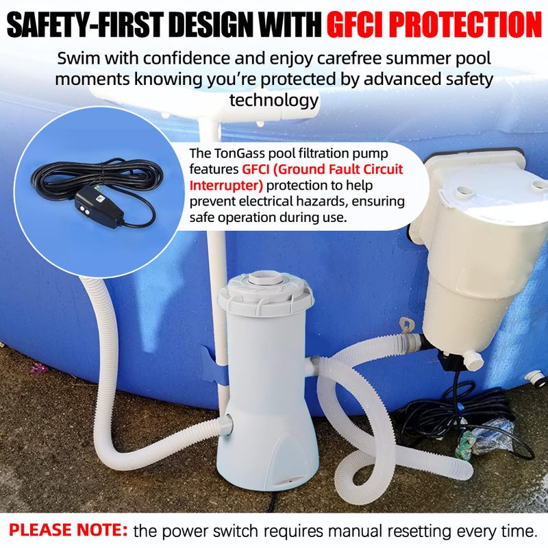 TonGass 800 GPH Pool Filter Pump for Above Ground Pools, Powerful Circulation System with Filter Cartridge, GFCI Safety Protection, Easy to Install Pool Pump for Pools up to 5000 Gallons - Image 4
