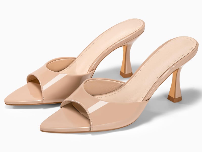 Coutgo Womens Heeled Mules Pointed Peep Toe High Heels Slip On Backless Mule Sandals Dress Shoes, Nude, Size 9 - Image 4