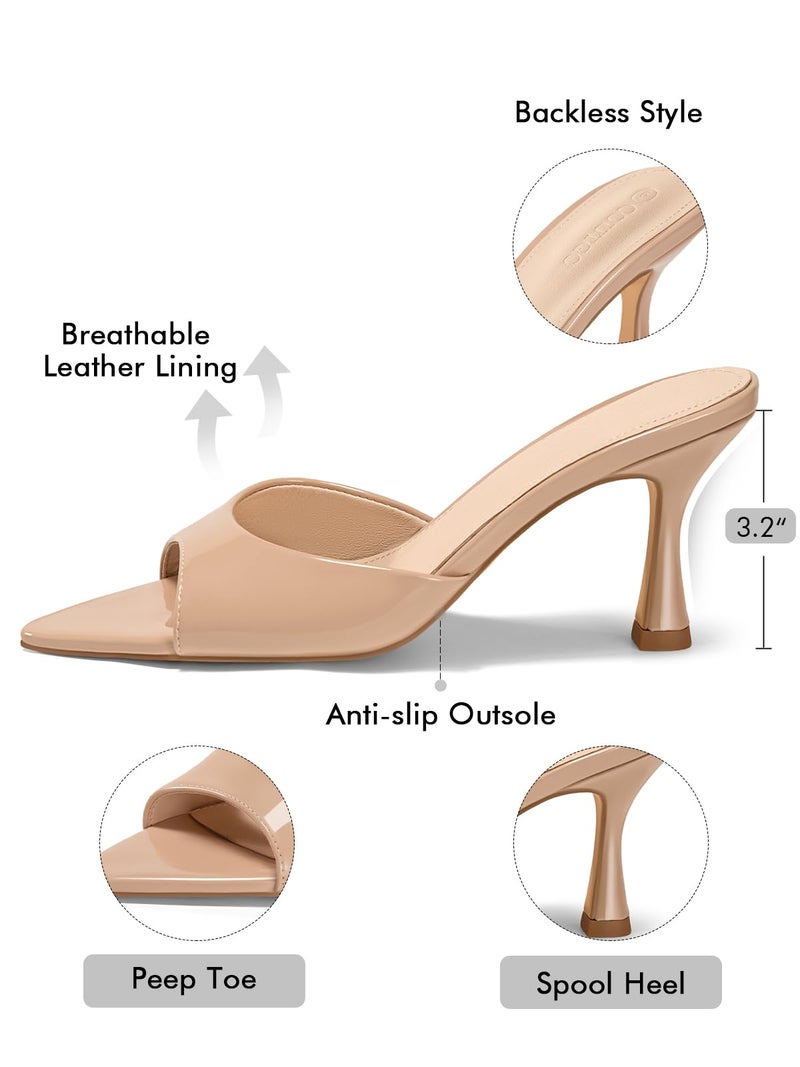 Coutgo Womens Heeled Mules Pointed Peep Toe High Heels Slip On Backless Mule Sandals Dress Shoes, Nude, Size 9 - Image 5