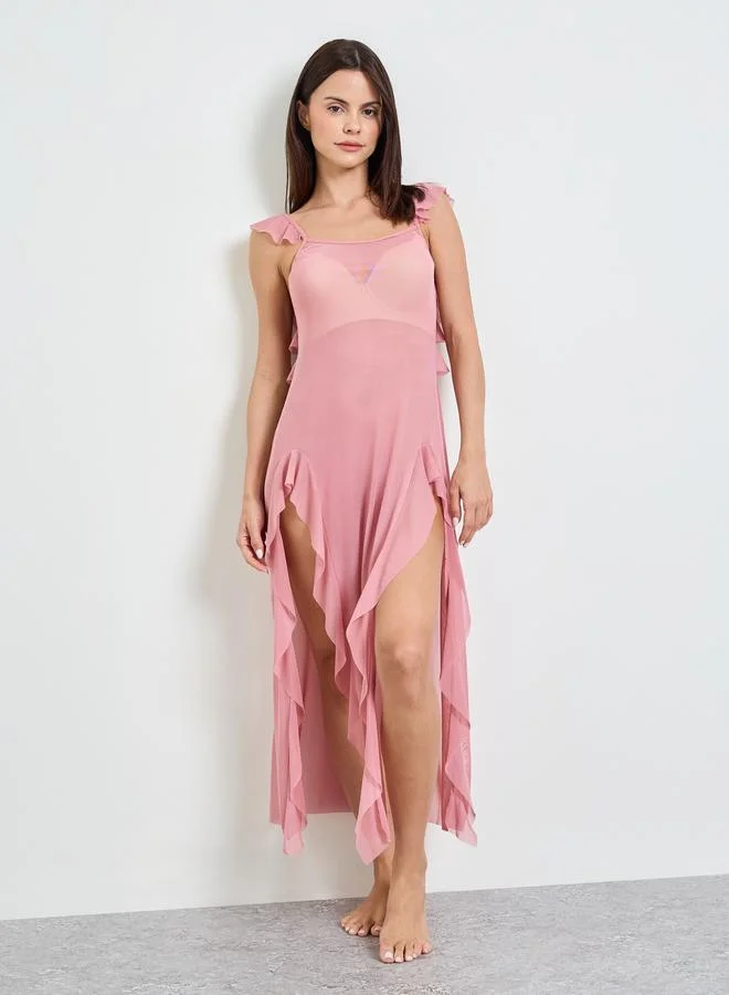 تايك تو Dark Pink Solid Ruffled Trims Mesh Babydoll
