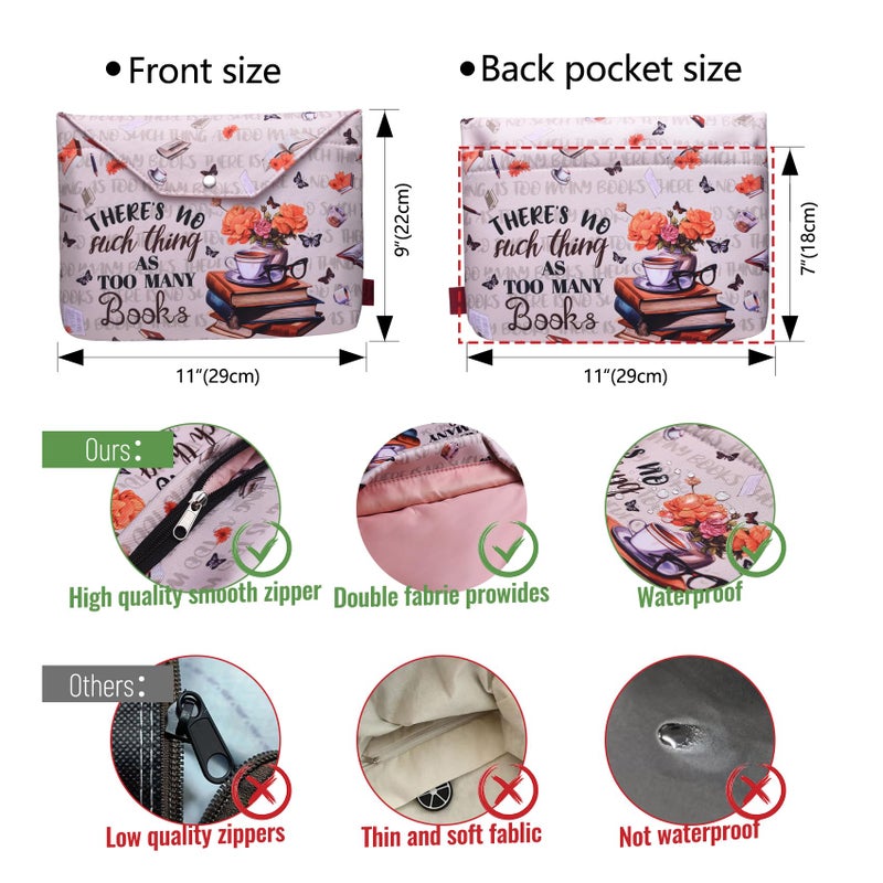 LParkin Book Sleeve Cover with Zipper, There is No Such Thing As Too Many Books Protector Pouch, Washable Fabric Book Sleeves, 11 x 9 Inch Kindle Sleeve Book Lover Gifts Bookish Gifts - Image 2