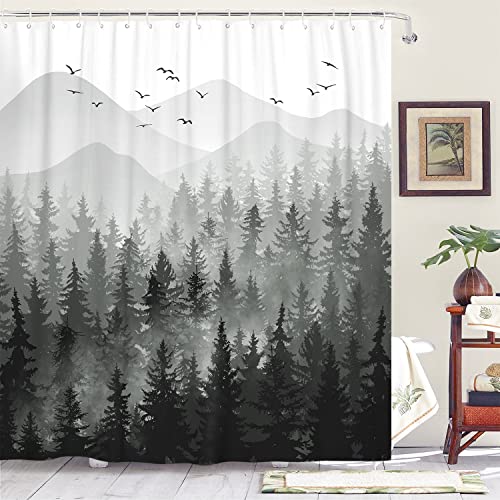 Accnicc Black and White Misty Forest Shower Curtain Ombre Dark Gray Mountain Pine Tree Waterproof Fabric Shower Curtains for Bathroom Grey Nature Woodland Decorative Bath Curtain Decor 72×72 Inches - Image 1