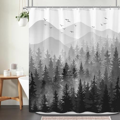 Accnicc Black and White Misty Forest Shower Curtain Ombre Dark Gray Mountain Pine Tree Waterproof Fabric Shower Curtains for Bathroom Grey Nature Woodland Decorative Bath Curtain Decor 72×72 Inches - Image 5