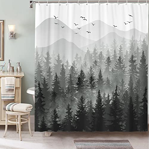 Accnicc Black and White Misty Forest Shower Curtain Ombre Dark Gray Mountain Pine Tree Waterproof Fabric Shower Curtains for Bathroom Grey Nature Woodland Decorative Bath Curtain Decor 72×72 Inches - Image 4