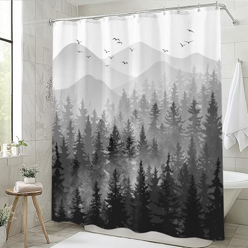 Accnicc Black and White Misty Forest Shower Curtain Ombre Dark Gray Mountain Pine Tree Waterproof Fabric Shower Curtains for Bathroom Grey Nature Woodland Decorative Bath Curtain Decor 72×72 Inches - Image 3