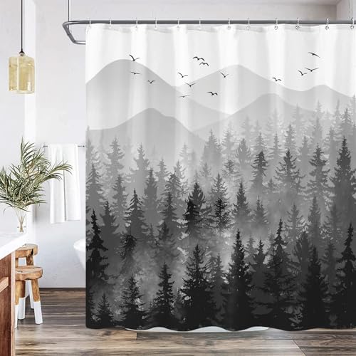 Accnicc Black and White Misty Forest Shower Curtain Ombre Dark Gray Mountain Pine Tree Waterproof Fabric Shower Curtains for Bathroom Grey Nature Woodland Decorative Bath Curtain Decor 72×72 Inches - Image 2