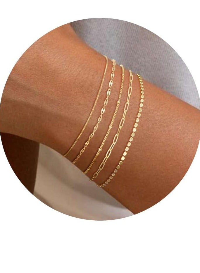 Gold Bracelets for Women, 14K Dainty Gold Plated Stackable Bracelets for Women Trendy Gold Bracelet Stack Set Waterproof Chain Bracelets Paperclip Adjustable Tennis Minimalist Tiny Cute Jewelry - Image 1