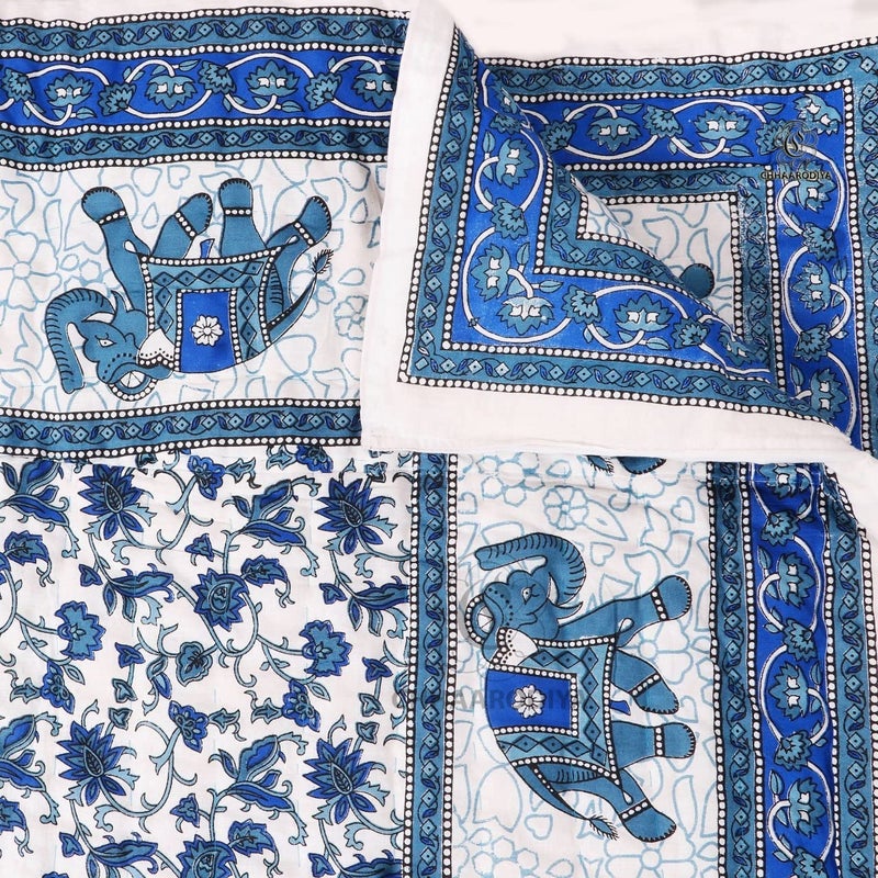 Lilfly Rajasthani Light Weight Single Bed blueJaipuri AC Quilt/Razai Designer Reversible Both Side use Blue Multi Floral with Elephant Boarder Cotton Quilts (Size55X85 inch) TDS-27 - Image 1