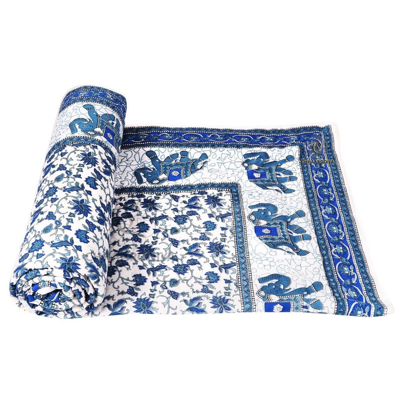 Lilfly Rajasthani Light Weight Single Bed blueJaipuri AC Quilt/Razai Designer Reversible Both Side use Blue Multi Floral with Elephant Boarder Cotton Quilts (Size55X85 inch) TDS-27 - Image 2