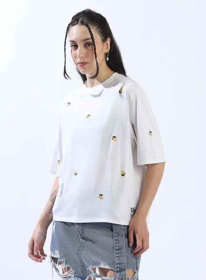 Women's Off-White 100% Cotton Embroidered Oversized T-Shirt