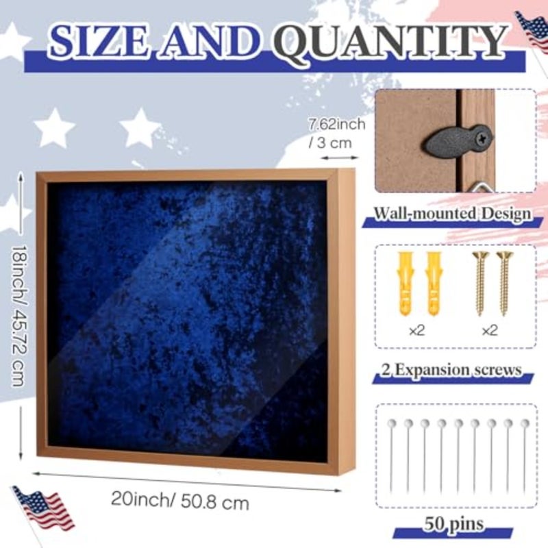 Military Law Enforcement Memorabilia Shadow Box 20"x18" Police Badge Solid Wood Display Case Awards Medals Wall Mount Case with Blue Embossed Velvet for Police Sheriff - Image 2
