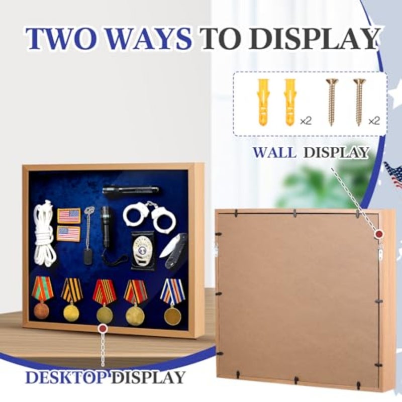 Military Law Enforcement Memorabilia Shadow Box 20"x18" Police Badge Solid Wood Display Case Awards Medals Wall Mount Case with Blue Embossed Velvet for Police Sheriff - Image 3