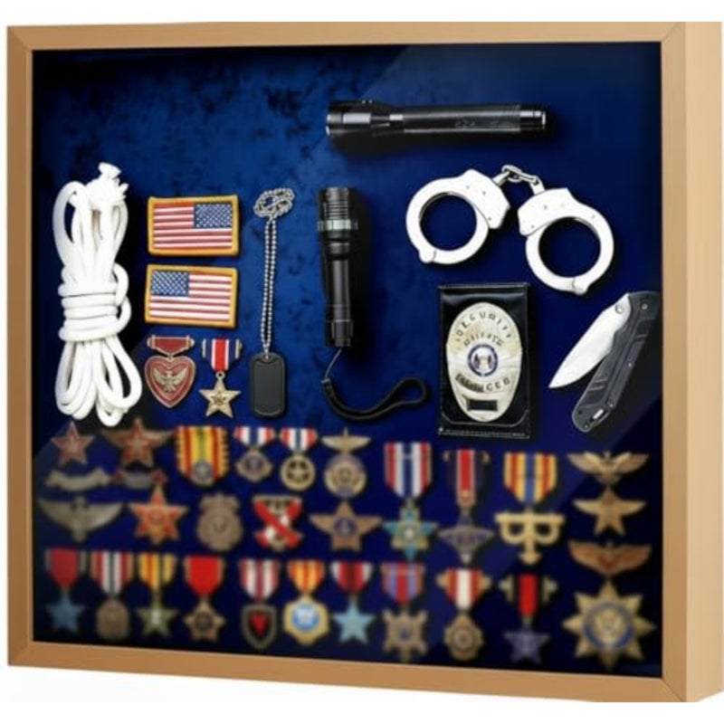 Military Law Enforcement Memorabilia Shadow Box 20"x18" Police Badge Solid Wood Display Case Awards Medals Wall Mount Case with Blue Embossed Velvet for Police Sheriff - Image 1