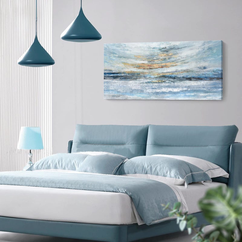 Nicetop Abstract Wall Art for Living Room Large Framed Light Blue Canvas Print Coastal Theme Artwork Modern Ocean Skyline and Sunset & Sunrise in the Seaside Painting for Home Bedroom DÃ©cor 48x24inch - Image 3