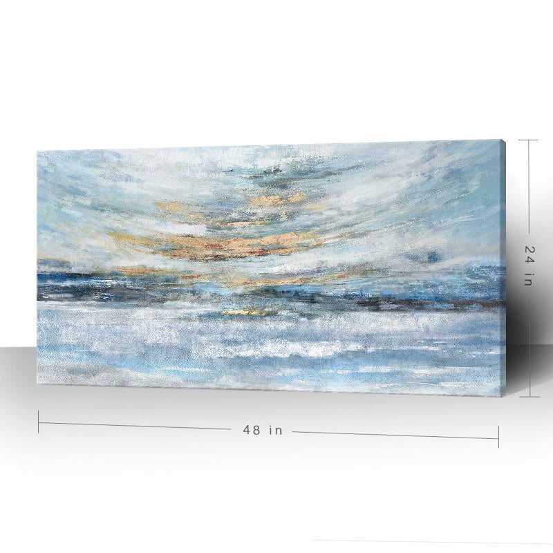 Nicetop Abstract Wall Art for Living Room Large Framed Light Blue Canvas Print Coastal Theme Artwork Modern Ocean Skyline and Sunset & Sunrise in the Seaside Painting for Home Bedroom DÃ©cor 48x24inch - Image 2