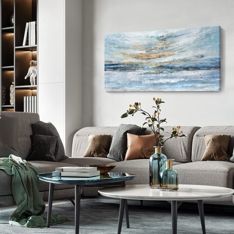 Nicetop Abstract Wall Art for Living Room Large Framed Light Blue Canvas Print Coastal Theme Artwork Modern Ocean Skyline and Sunset & Sunrise in the Seaside Painting for Home Bedroom DÃ©cor 48x24inch - Image 4