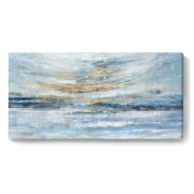 Nicetop Abstract Wall Art for Living Room Large Framed Light Blue Canvas Print Coastal Theme Artwork Modern Ocean Skyline and Sunset & Sunrise in the Seaside Painting for Home Bedroom DÃ©cor 48x24inch - Image 1