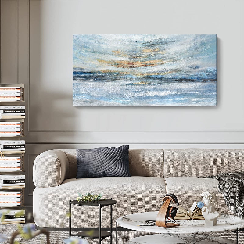 Nicetop Abstract Wall Art for Living Room Large Framed Light Blue Canvas Print Coastal Theme Artwork Modern Ocean Skyline and Sunset & Sunrise in the Seaside Painting for Home Bedroom DÃ©cor 48x24inch - Image 5