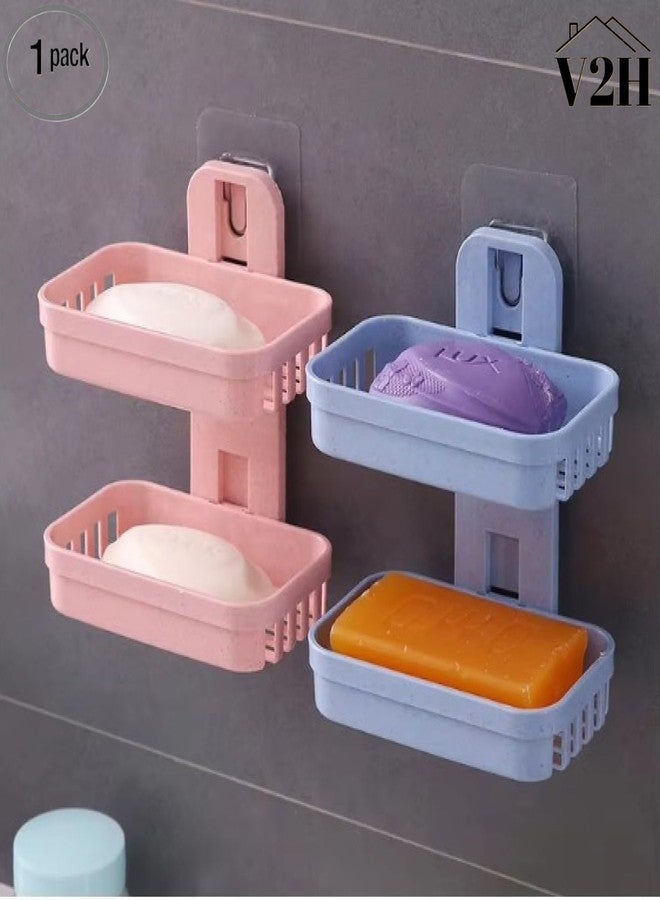 V2H 2 Layer Soap Dish Bar Holder Self Adhesive Double Layer Drawer Draining Holder Kitchen Sponge Storage Box Bathroom Organizer(Set of 1) - Image 2