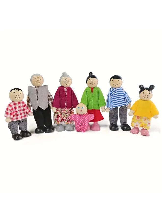 Wooden Dollhouse Family Of 7 Set Articulated Joints Role Play Gift - Image 5