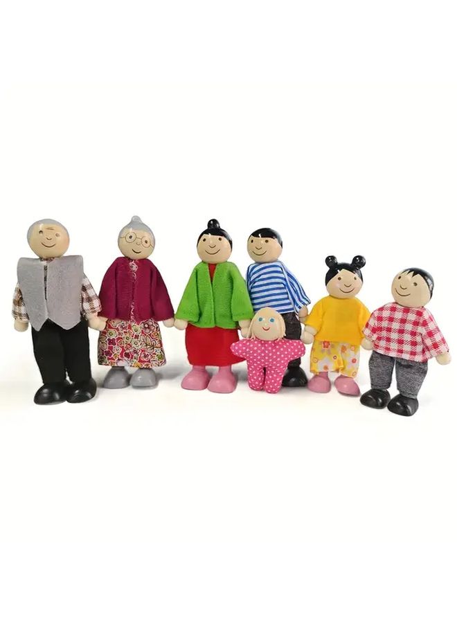 Wooden Dollhouse Family Of 7 Set Articulated Joints Role Play Gift - Image 3