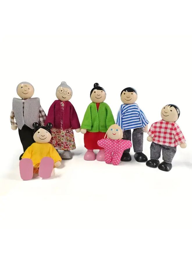 Wooden Dollhouse Family Of 7 Set Articulated Joints Role Play Gift - Image 1