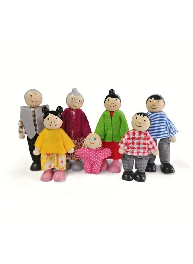 Wooden Dollhouse Family Of 7 Set Articulated Joints Role Play Gift - Image 2