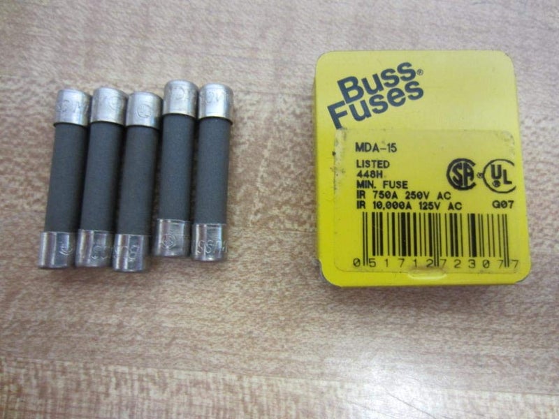 Bussmann MDA-15 15 Amp Time Delay Ceramic Tube Fuse, 250V UL Listed 5-in Tin, 5 Pack - Image 1