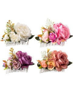Cinaci 4 Pack White Pink Flower Metal Hair Side Combs Slides With Artificial Big Rose Wedding Bridal Clips Floral Headpieces Hairpins Barrettes Bun Hair Accessories For Women Flower Girl Bridesmaids  - Image 1