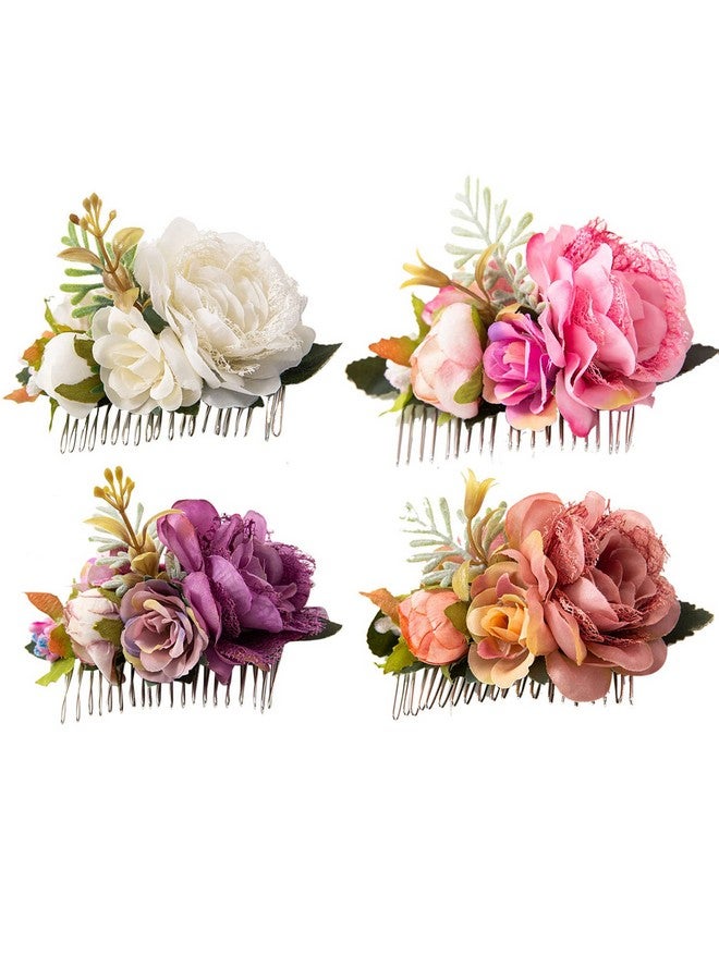 Cinaci 4 Pack White Pink Flower Metal Hair Side Combs Slides With Artificial Big Rose Wedding Bridal Clips Floral Headpieces Hairpins Barrettes Bun Hair Accessories For Women Flower Girl Bridesmaids - Image 1
