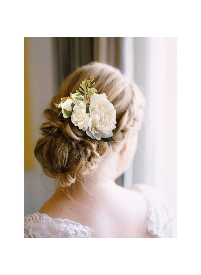 Cinaci 4 Pack White Pink Flower Metal Hair Side Combs Slides With Artificial Big Rose Wedding Bridal Clips Floral Headpieces Hairpins Barrettes Bun Hair Accessories For Women Flower Girl Bridesmaids - Image 3