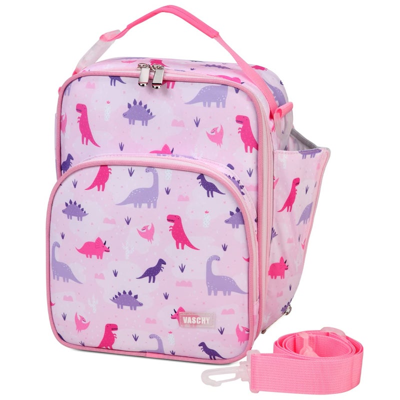 VASCHY Lunch Boxes Bag for Kids Insulated Lunchbox Reusable Containers for Girls with Detachable Shoulder Strap for School Pink Dinosaur