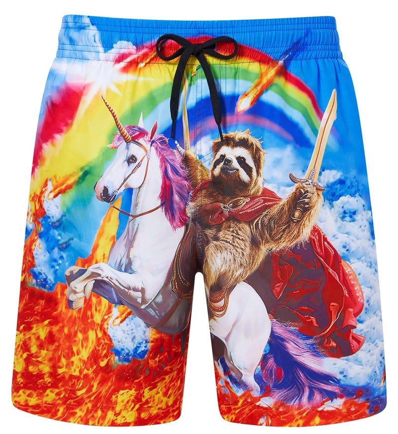 uideazone Mens Sloth Swim Trunks Quick Dry Rainbow Printed Board Shorts Swimming Trunks with Mesh Lining - Image 1