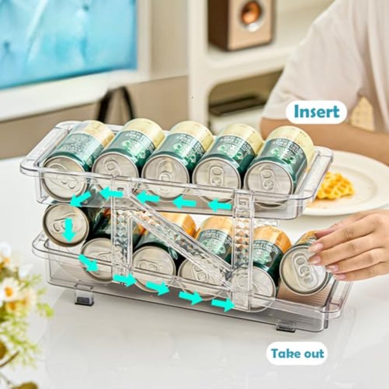 Soda Can Dispenser for Refrigerator, Adjustable Width Soda Can Organizer, 2-Layer Beverage Pop Can Holder, Drink Storage Organizer for Fridge, Pantry, Cabinet, Countertop - Image 2