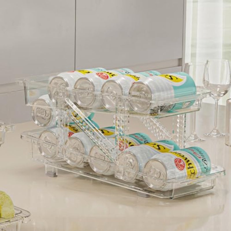 Soda Can Dispenser for Refrigerator, Adjustable Width Soda Can Organizer, 2-Layer Beverage Pop Can Holder, Drink Storage Organizer for Fridge, Pantry, Cabinet, Countertop - Image 1
