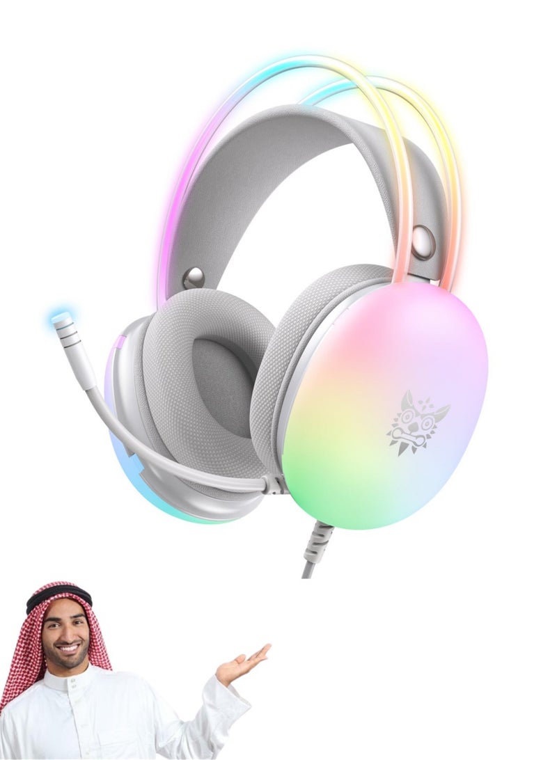 onikuma Gaming Headset with Mic, RGB Rainbow Lighting, PC Wired Lightweight Gaming Headphones for PS4/PS5/XOne/XSeries/NSwitch/PC, Stereo Surround Sound, Self-Adjusting Headband,White - Image 1