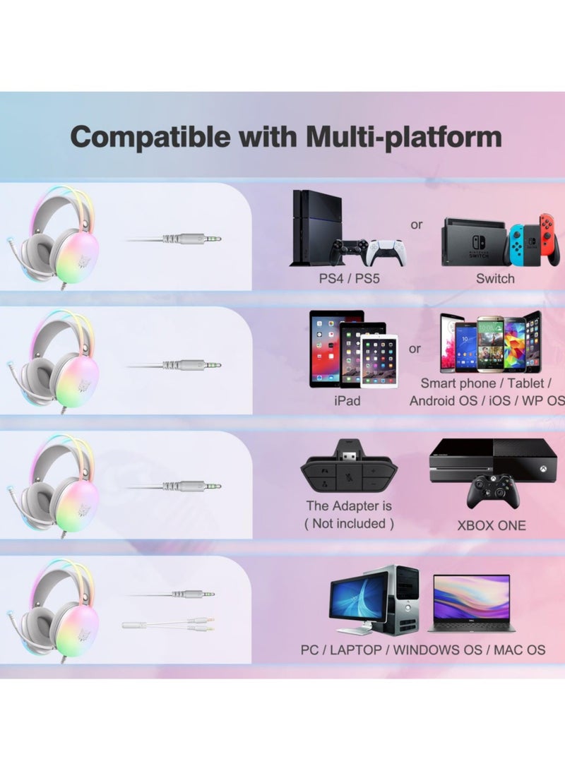 onikuma Gaming Headset with Mic, RGB Rainbow Lighting, PC Wired Lightweight Gaming Headphones for PS4/PS5/XOne/XSeries/NSwitch/PC, Stereo Surround Sound, Self-Adjusting Headband,White - Image 2