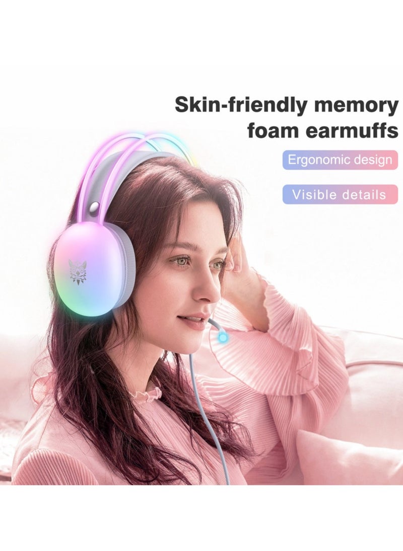 onikuma Gaming Headset with Mic, RGB Rainbow Lighting, PC Wired Lightweight Gaming Headphones for PS4/PS5/XOne/XSeries/NSwitch/PC, Stereo Surround Sound, Self-Adjusting Headband,White - Image 3