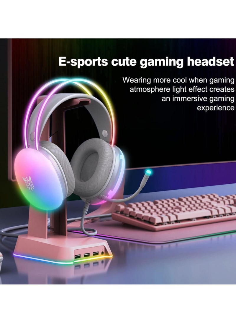 onikuma Gaming Headset with Mic, RGB Rainbow Lighting, PC Wired Lightweight Gaming Headphones for PS4/PS5/XOne/XSeries/NSwitch/PC, Stereo Surround Sound, Self-Adjusting Headband,White - Image 4