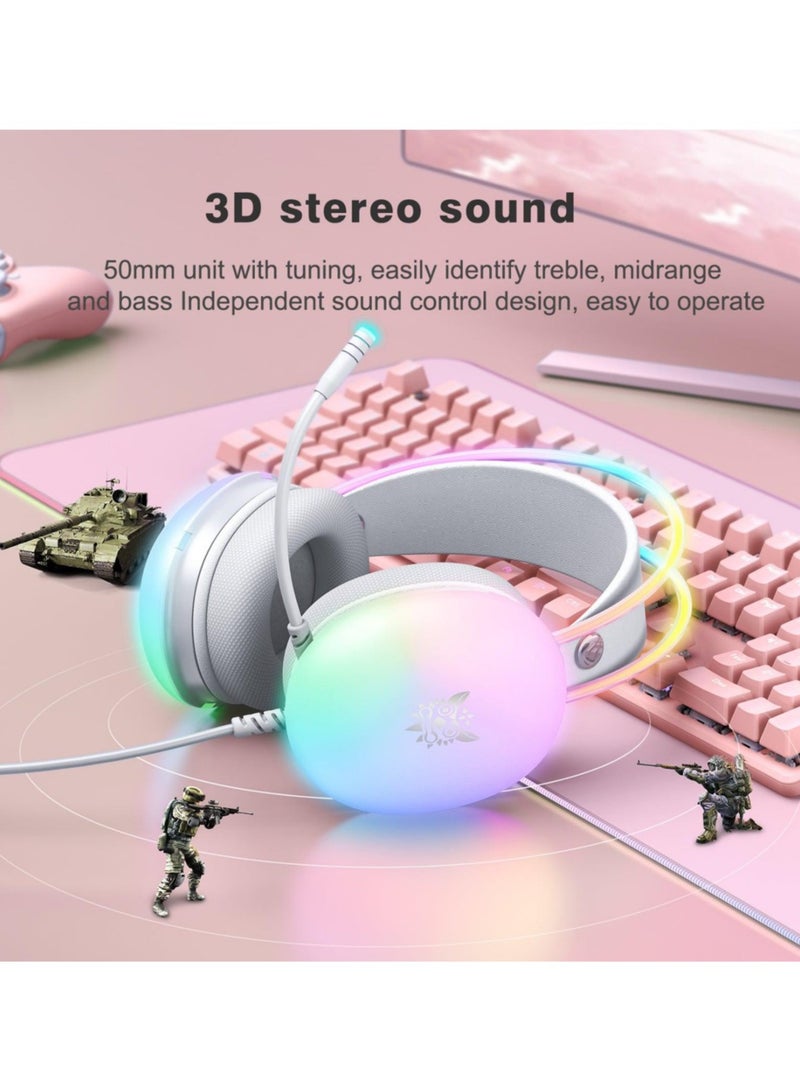 onikuma Gaming Headset with Mic, RGB Rainbow Lighting, PC Wired Lightweight Gaming Headphones for PS4/PS5/XOne/XSeries/NSwitch/PC, Stereo Surround Sound, Self-Adjusting Headband,White - Image 5