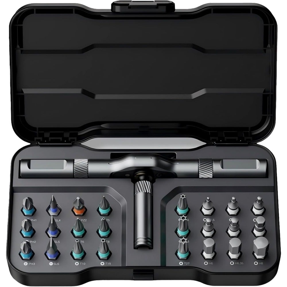 24 In 1 Ratcheting Screwdriver Set, Mini Ratchet Wrench with Reversible High Torque Drive Handle, Close Quarter Right Angle Offset Screwdriver Bit Set 1/4 Multi Hex/Phillips/Slotted/Torx