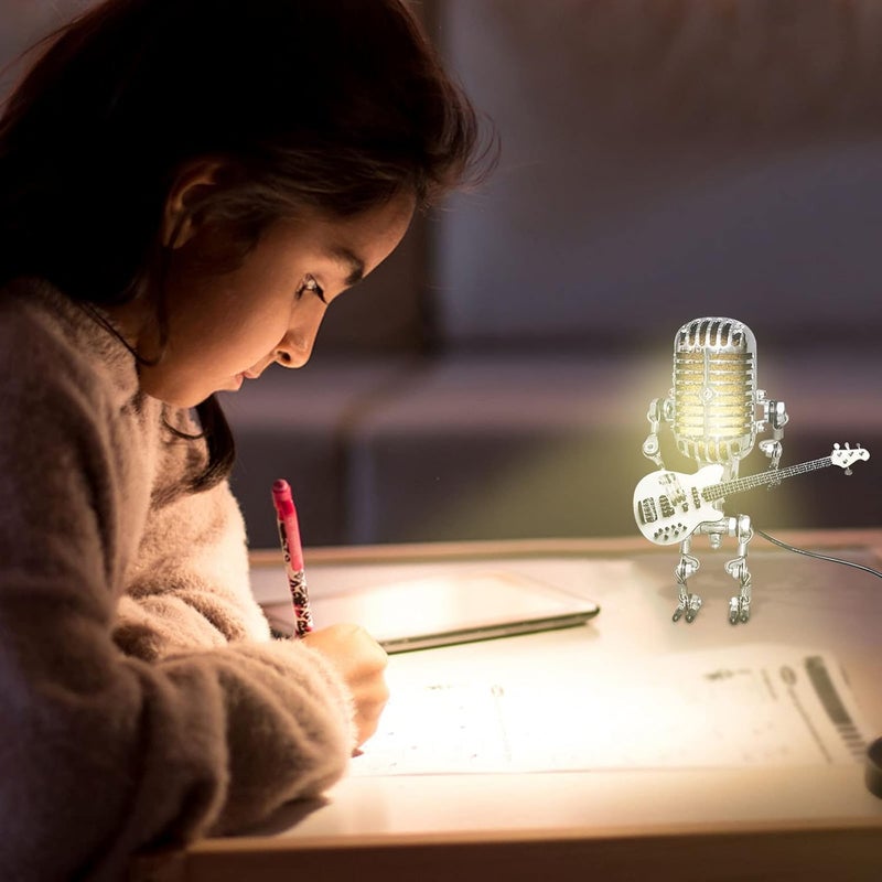 comfrt Vintage Microphone Robot Desk Lamp, Metal Microphone Robot Lamp with Mini Guitar, Vintage Light Home Decor Nightstand Desk Lamp for Bedroom, Bar, Restaurant - Image 5