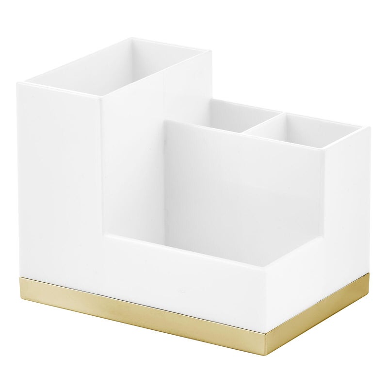 mDesign Plated Toothbrush and Toothpaste Holder - Storage Organizer Stand with 4 Compartments for Bathroom Countertop - Holders for Electric Toothbrush, Toothpaste - Hyde Collection - White/Soft Brass - Image 4