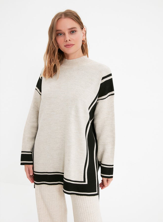 trendyol Stone Striped High Neck Knitwear Sweater TCTAW22AK0163 - Image 1