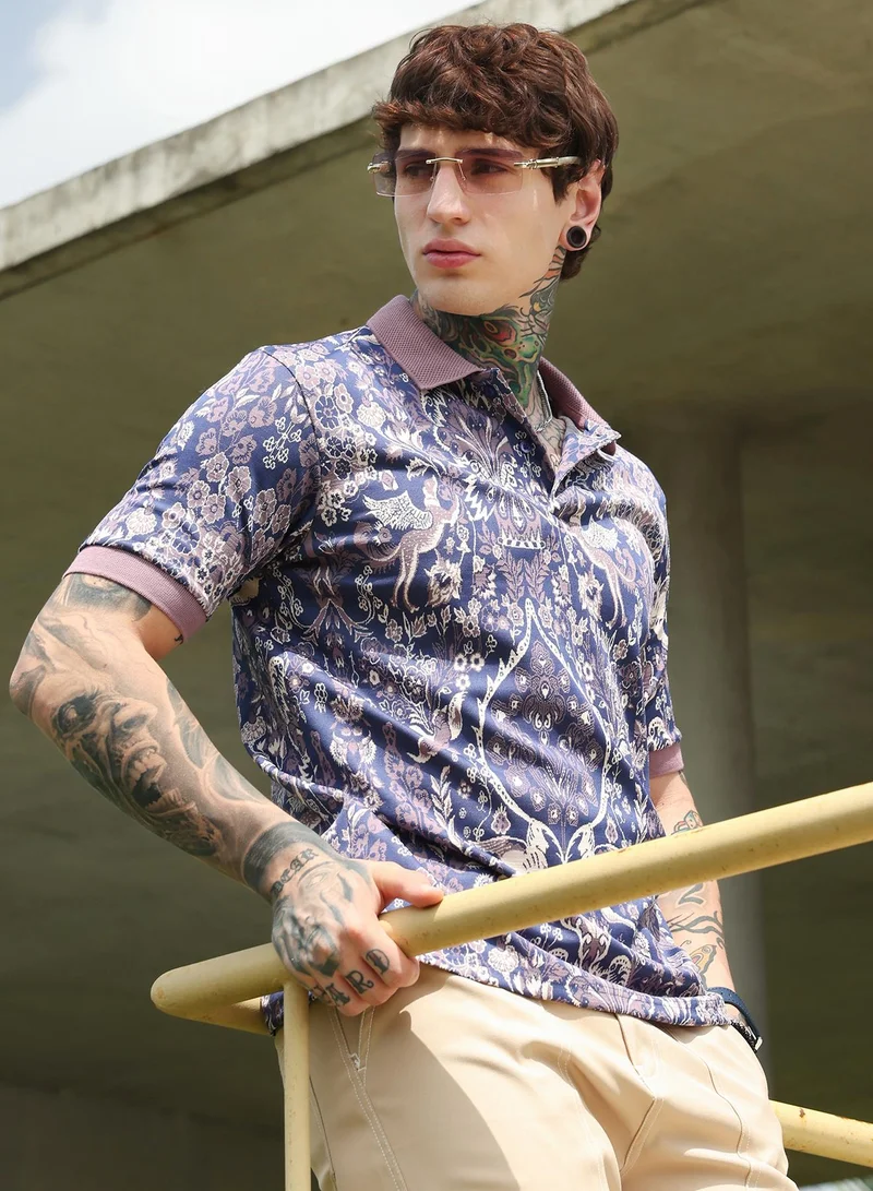 كامبوس سوترا Campus Sutra Men's Indigo Blue:Mauve Purple Indie Floral Jacquard-Knit Polo T-Shirt | Regular Fit Half Sleeve Polo Collar | Floral & Ornamental Print | Cotton Blend Fabric | Casual & Street Wear